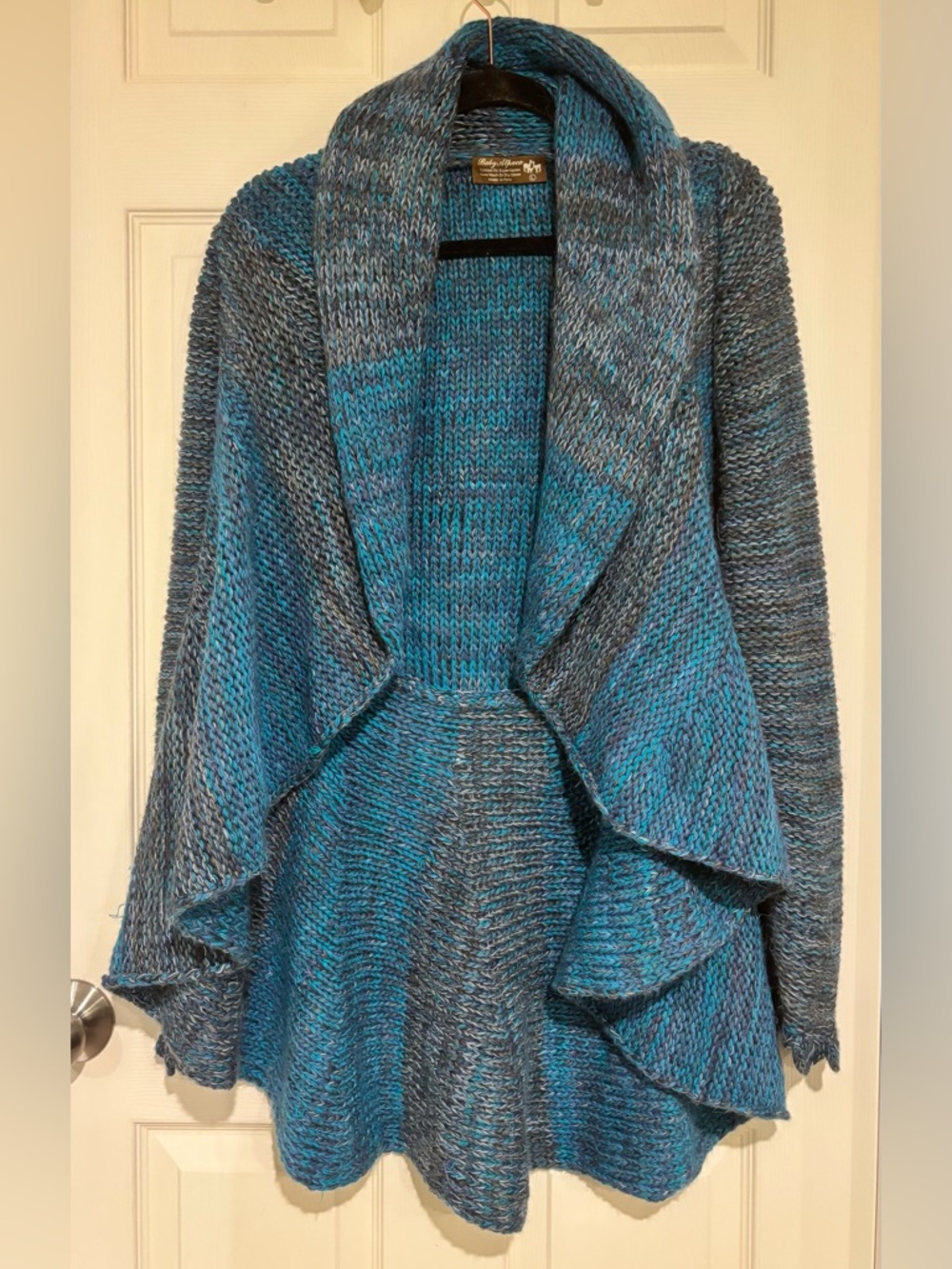Open-Front Teal & Gray Knit Draped Cardigan Sweater